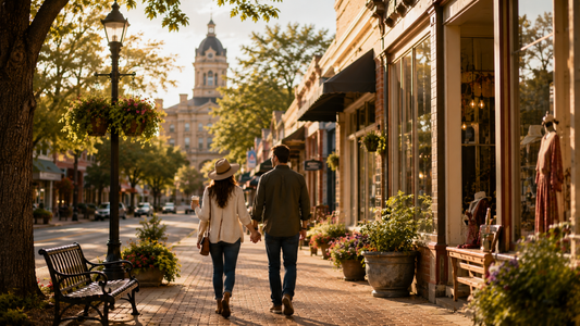 Couple walking along a historic small town Main Street in Texas with locally owned boutiques, flowering planters, and a courthouse in the background.