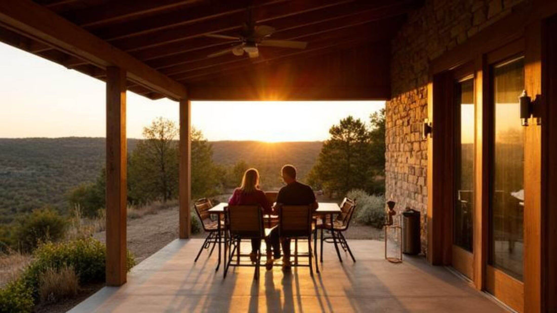 Couple sitting on a rustic cabin porch overlooking the Texas Hill Country near Wimberley