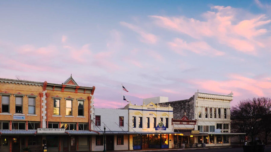 Historic buildings around the Georgetown Texas square during an overnight getaway