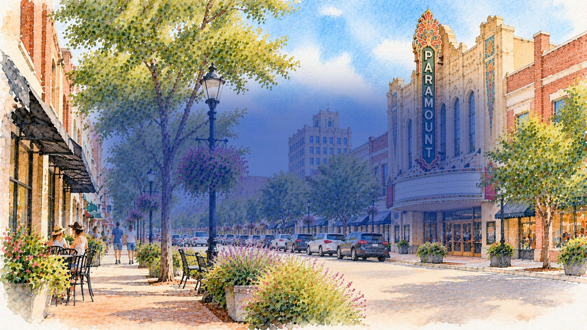 Watercolor illustration of downtown Abilene, Texas, featuring the historic Paramount Theatre, tree lined Cypress Street, sidewalk dining, local storefronts, and a sunny West Texas streetscape.