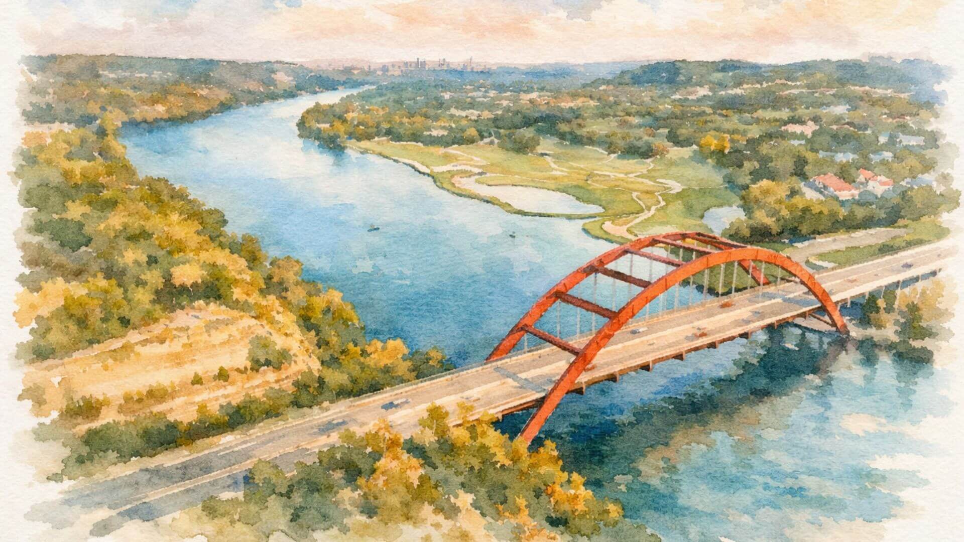 Aerial view of Pennybacker Bridge over Lake Austin, showcasing Austin Texas Hill Country scenery and outdoor recreation.