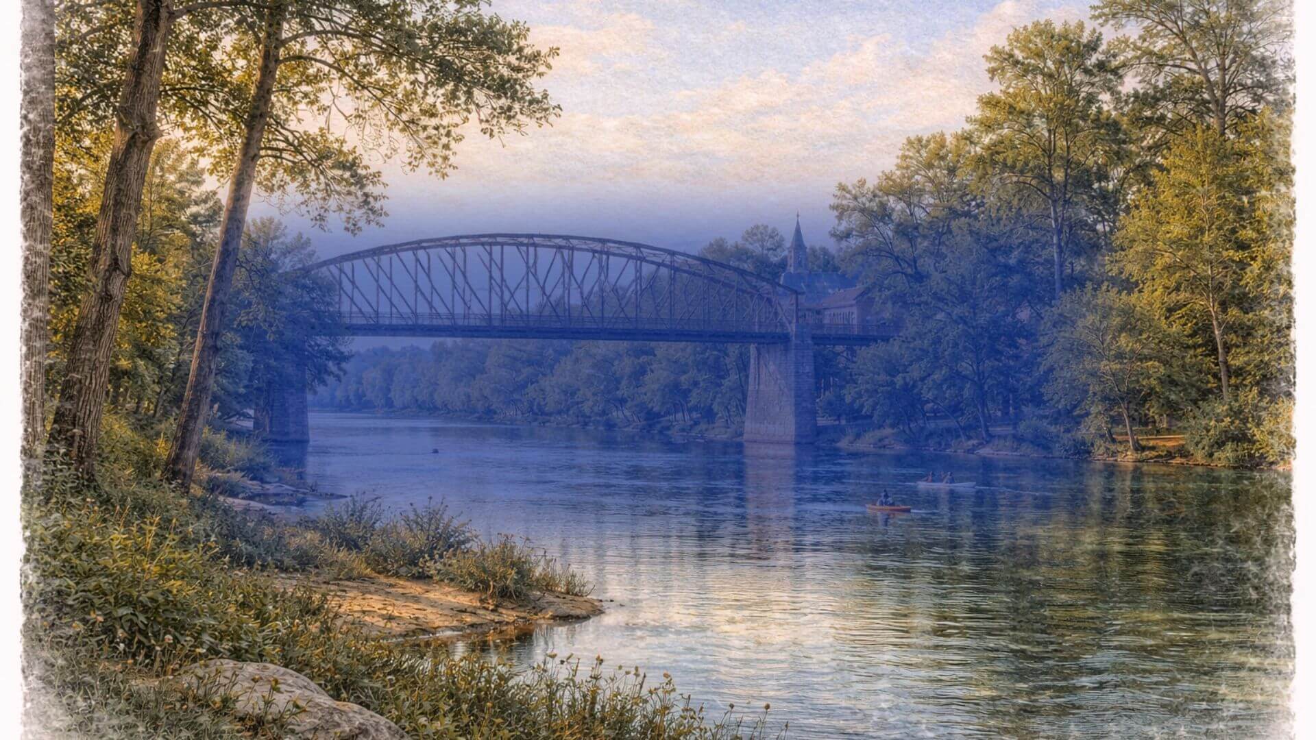 Colorado River in Bastrop TX with historic iron bridge and pine trees, watercolor-style illustration of a scenic Central Texas riverfront and outdoor destination