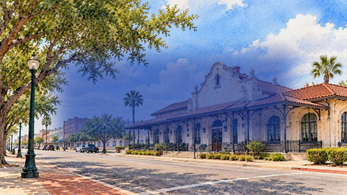 Watercolor illustration of Brownsville, Texas, featuring the Historic Brownsville Museum depot, a quiet downtown streetscape, mature shade trees, palms, and South Texas architecture under a bright sky.