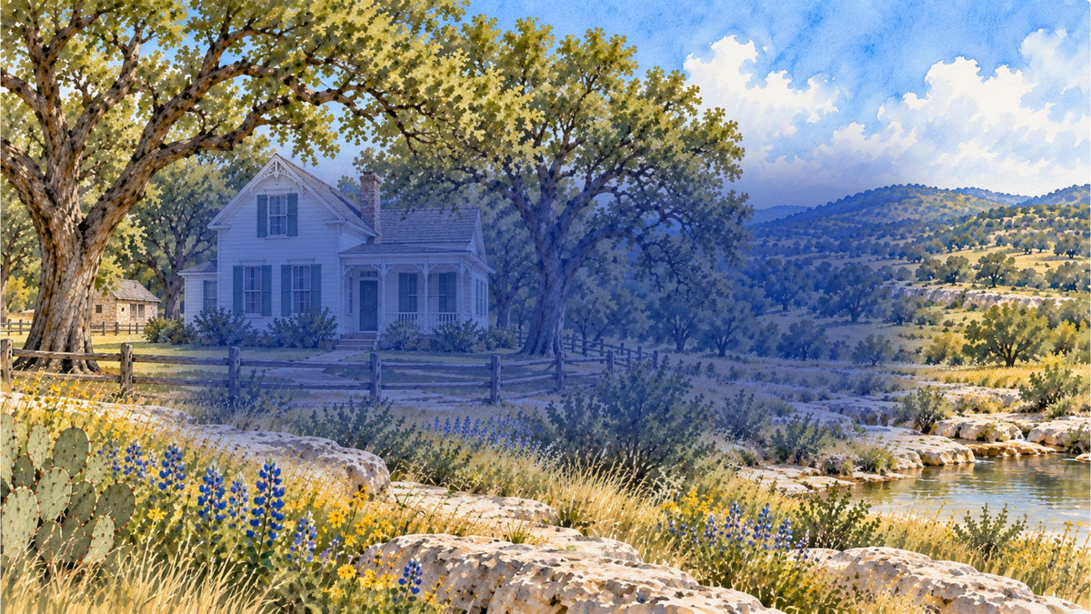 Watercolor illustration of Johnson City, Texas, featuring the LBJ Boyhood Home, mature oak trees, Hill Country limestone, native wildflowers, and rolling Texas Hill Country scenery.