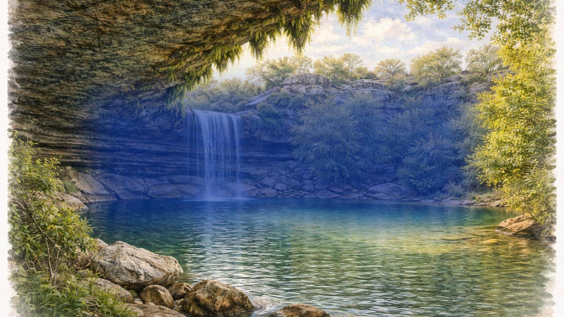 Dripping Springs Texas Hill Country Hamilton Pool, scenic views, and natural attractions near wineries and outdoor destinations, watercolor
