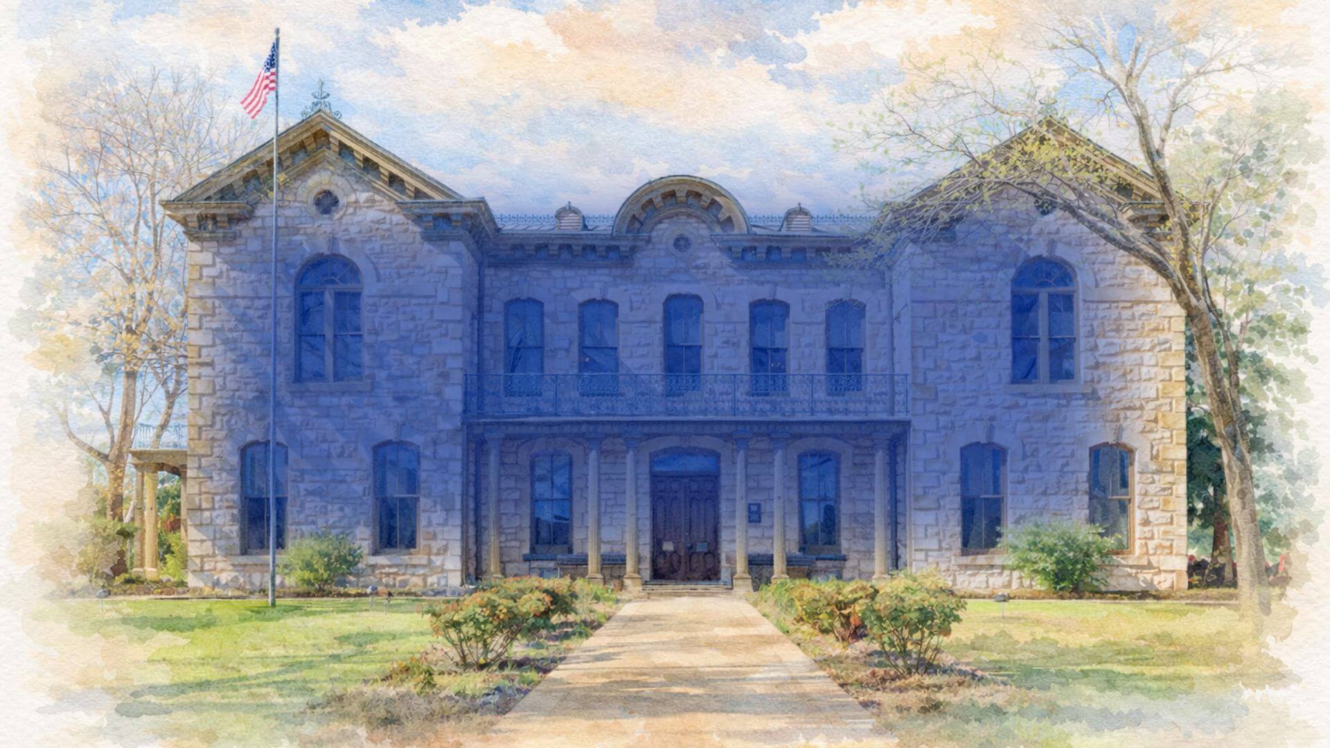 Historic Gillespie County Courthouse in Fredericksburg Texas, reflecting German heritage architecture and small town charm.