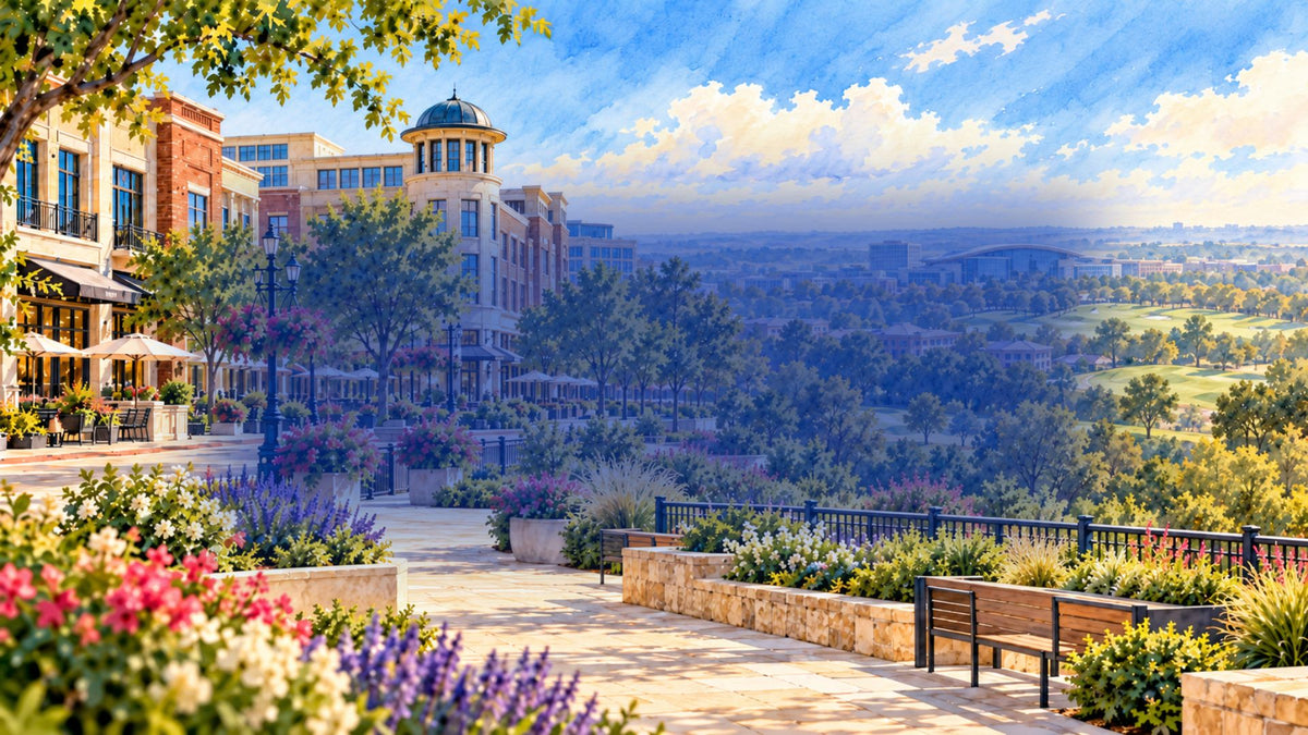 Watercolor illustration of Frisco, Texas, featuring Frisco Square style architecture, landscaped pedestrian spaces, distant golf course scenery, and modern Frisco development under a bright North Texas sky.