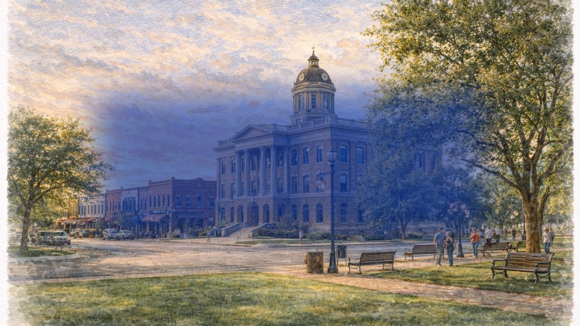 Georgetown Square in Georgetown TX with Williamson County Courthouse and historic downtown, watercolor-style illustration of a scenic Central Texas town square and local landmark
