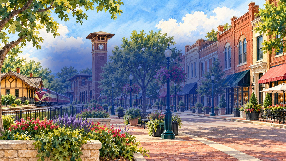 Watercolor illustration of Historic Main Street in Grapevine, Texas, with the Grapevine Vintage Railroad, Main Station clock tower, brick storefronts, trees, and landscaped streetscape.