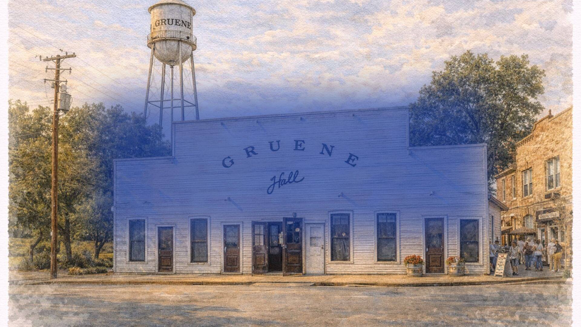 Gruene Hall in Gruene TX with historic dance hall and water tower, watercolor-style illustration of a Central Texas landmark known for live music and small-town charm
