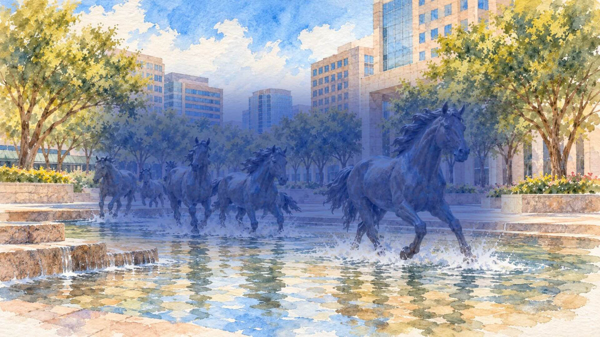 Watercolor illustration of the Mustangs of Las Colinas sculpture galloping through a fountain, surrounded by trees and modern buildings in Irving, Texas.