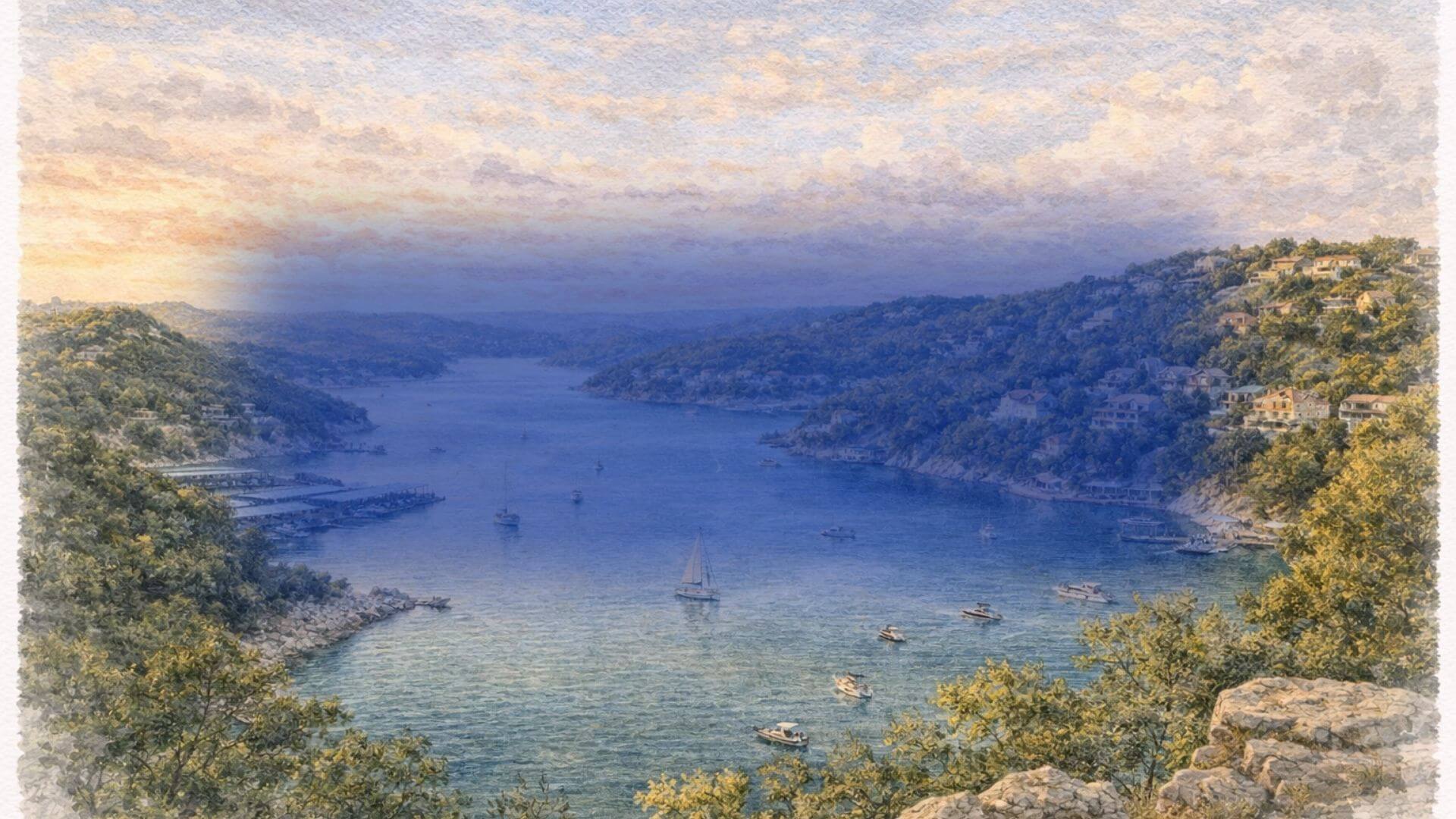 Lake Travis in Lakeway TX with boats and hillside homes, watercolor-style illustration of a scenic Central Texas lake destination and waterfront lifestyle