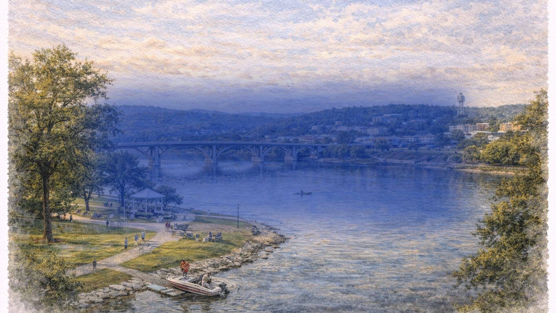 Lake Marble Falls in Marble Falls TX with lakeside park, bridge, and kayaker, watercolor-style illustration of a scenic Central Texas lake town and outdoor destination