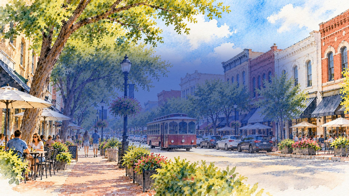 Watercolor illustration of historic downtown McKinney, Texas, featuring tree lined streets, brick storefronts, outdoor dining, the downtown trolley, and a lively North Texas streetscape.