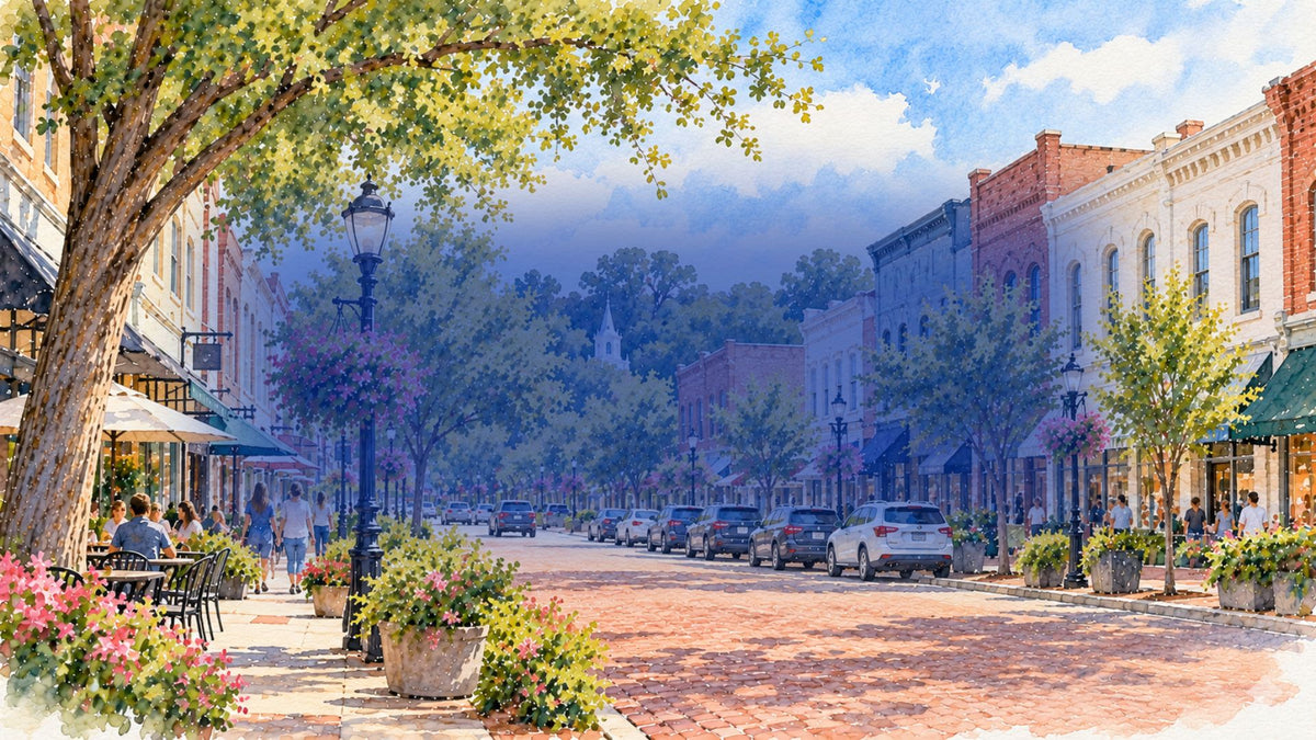 Watercolor illustration of historic downtown Nacogdoches, Texas, featuring brick streets, historic storefronts, sidewalk cafés, mature shade trees, flowers, and a lively East Texas streetscape.