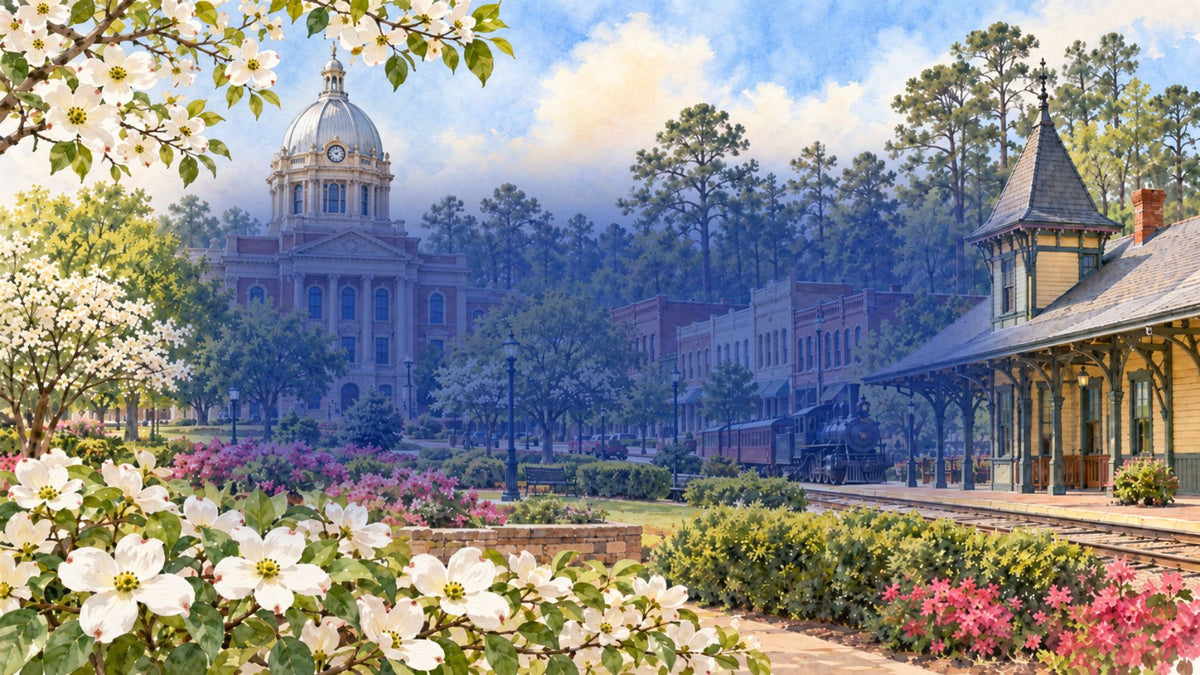 Watercolor illustration of Palestine, Texas, featuring the Anderson County Courthouse, Texas State Railroad depot and steam train, historic downtown architecture, dogwood blossoms, and Piney Woods scenery.