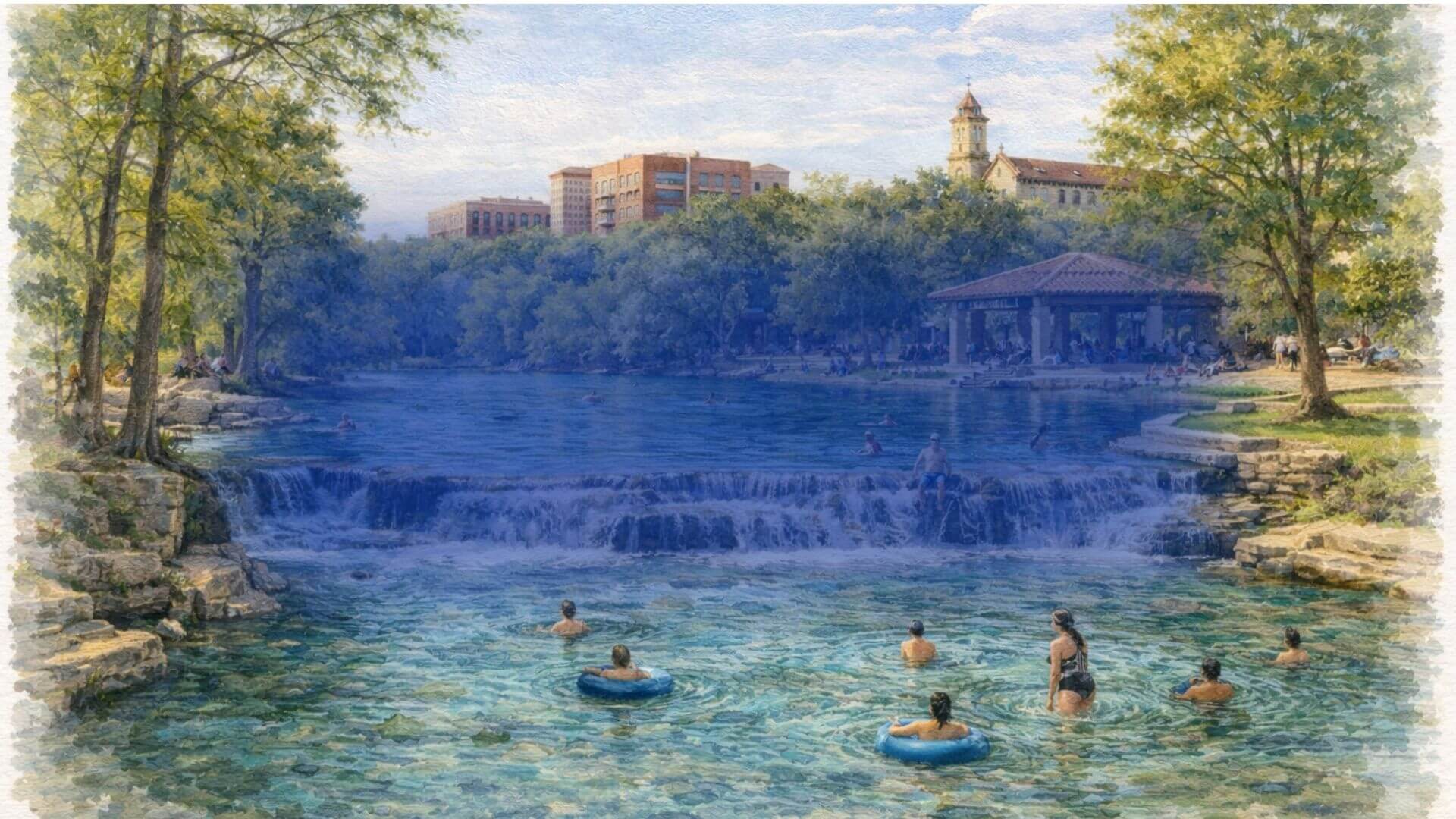 San Marcos Texas river scene with clear spring fed water, tubing, and outdoor activities near downtown and Texas State University