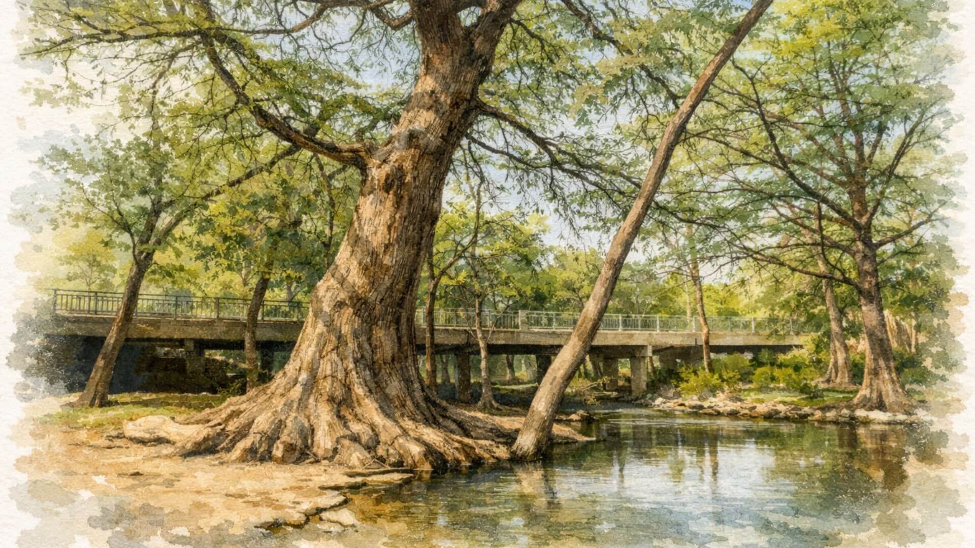 Tree lined riverbank along the Blanco River in Wimberley Texas, a peaceful Hill Country swimming and nature spot